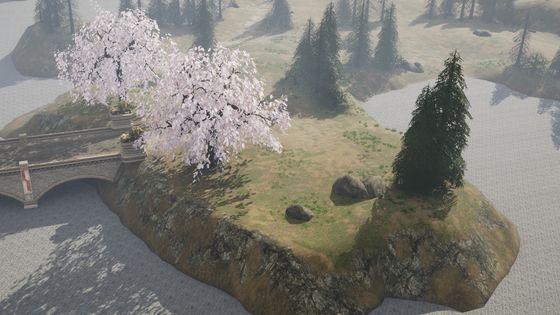 A cherry tree in bloom on a river island